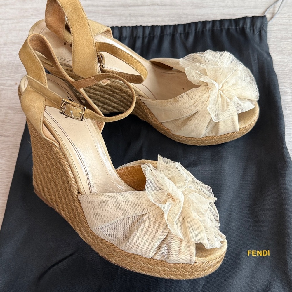 Fendi Italy Beige Cream Platform Wedge Suede Leather Espalier Sandals 39